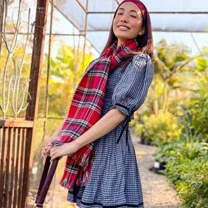 Red Plaid Houndstooth Reversible Scarf